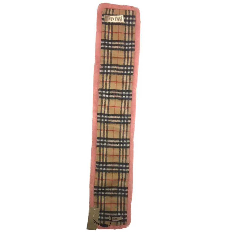 Burberry Vintage Check Cashmere Solid‎ Pale Pink Faux Fur Scarf Italy New